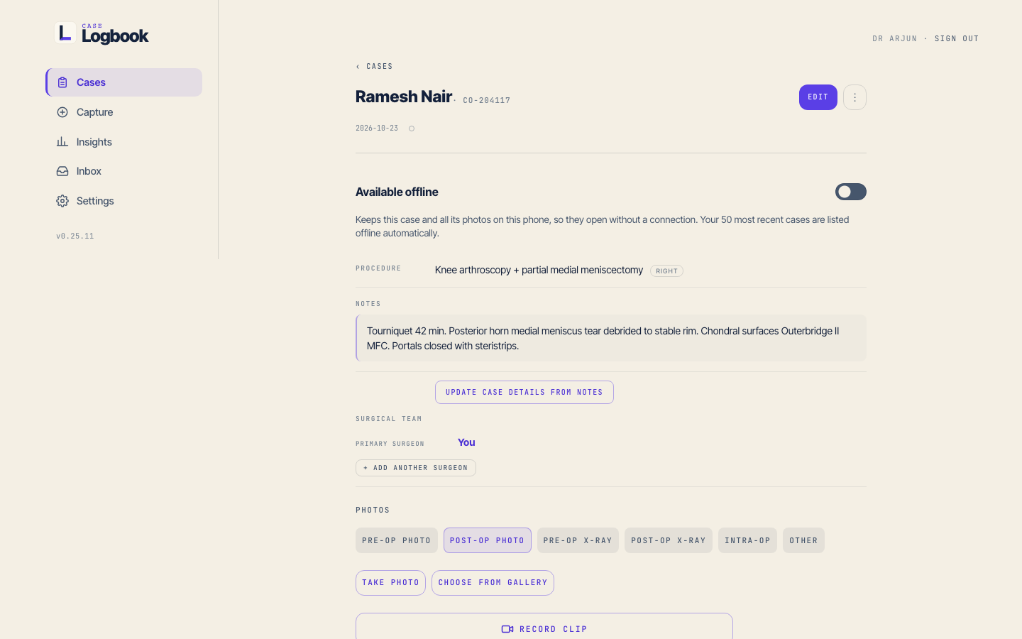 A single case record on desktop: notes, team and photos